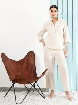 AAREIN - Off White Three Fourth Sleeves Mandarin Neck Linen Co-Ord Set