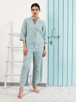 AAREIN - Blue Three Fourth Sleeves Mandarin Neck Linen Co-Ord Set