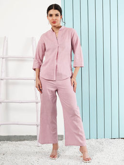 AAREIN - Pink Three Fourth Sleeves Mandarin Neck Linen Co-Ord Set