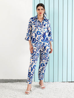 AAREIN - Blue Three Fourth Sleeves Collar Neck Viscose Rayon Co-Ord Set