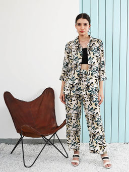 AAREIN - Beige Three Fourth Sleeves Collar Neck Viscose Rayon Co-Ord Set