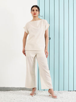 AAREIN - White Half Sleeves Boat Neck Pure Cotton Co-Ord Set