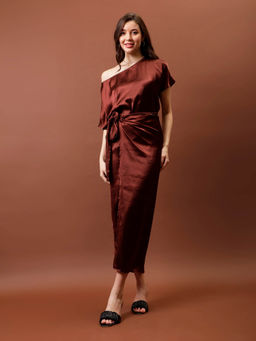 AAREIN - Brown Half Sleeves One Shoulder Neck Polyester Co-Ord Set