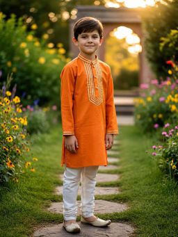 CHUCKLES AND CUDDLES - Boys Orange Lace Work Silk Kurta and Churidar