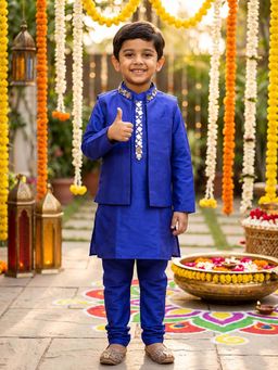 CHUCKLES AND CUDDLES - Boys Purple Embroidered Silk Kurta and Churidar with Jacket