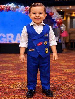 CHUCKLES AND CUDDLES - Boys Blue Car Patch Waistcoat With Shirt And Trousers