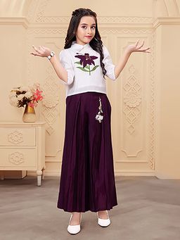 Mini Stitch - Rayon Woven Floral Applique Palazzo Pant And Top- Wine