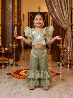 CHUCKLES AND CUDDLES - Girls Green Embroidered Round Neck Organza Top and Sharara