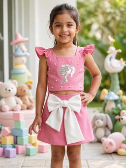 CHUCKLES AND CUDDLES - Girls Pink Embroidered Round Neck Top and Skirt