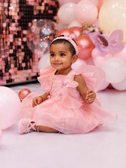 CHUCKLES AND CUDDLES - Girls Pink Embroidered Round Neck Dress