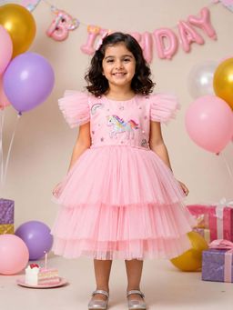 CHUCKLES AND CUDDLES - Girls Pink Unicorn Embellished Tiered Tulle Party Dress