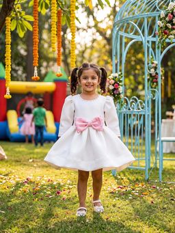 CHUCKLES AND CUDDLES - Girls White Plain Round Neck Scuba Dress