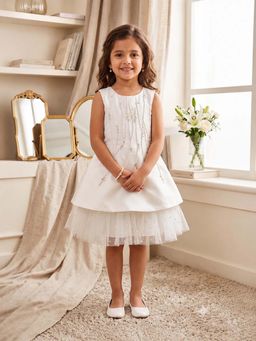 CHUCKLES AND CUDDLES - Girls White Embroidered Round Neck Satin Dress