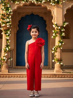 CHUCKLES AND CUDDLES - Girls Red One-Shoulder Flower Embellished Jumpsuit