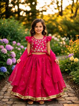 CHUCKLES AND CUDDLES - Girls Floral Zari Embroidered Lehenga and Choli With Dupatta