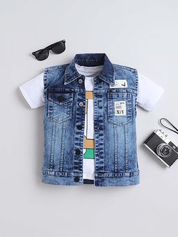 Mini Stitch - Cotton Woven Half Sleeves Solid Denim Jacket With T-shirt- Light blue