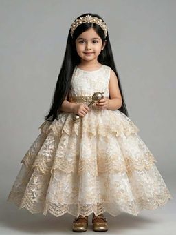 Many Frocks - Net Sleeveless Lace Layered Party Gown -Cream
