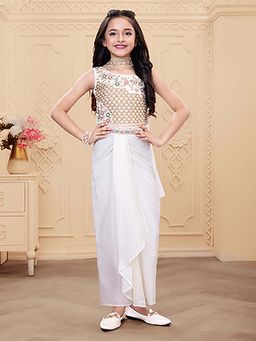 Mini Stitch - Georgette Floral Handwork Top With Drape Skirt and Dupatta- White