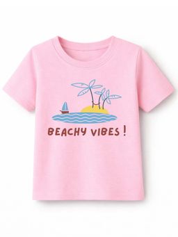 KAVEE - Unisex Biowashed Half Sleeves T-shirt With Beach Vibes Text Print - Pink