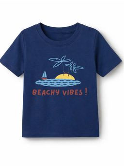 KAVEE - Unisex Biowashed Half Sleeves T-shirt With Beach Text Print - Navy Blue