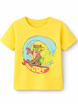 KAVEE - Unisex Biowashed Half Sleeves T-shirt With Surf Text Print - Yellow