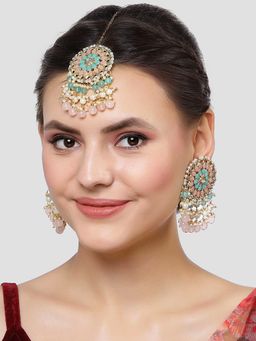 Karatcart - Gold Plated Pink and Light Blue Kundan Earrings and Maangtikka Combo Set for Women