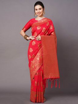 Odette - Red Festive Silk Blend Woven Design Saree with Unstitched Blouse