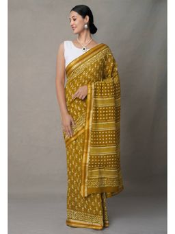 Unnati Silks - Mustard Pure Preet Block Printed Mulmul Cotton Saree with Unstitched Blouse