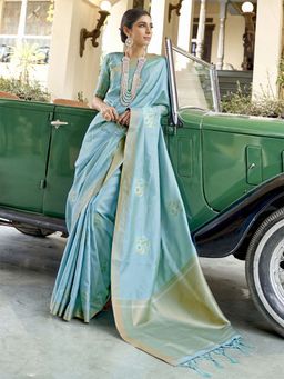 Odette - Womens Silk Blend Turquoise Woven Design Saree with Unstitched Blouse