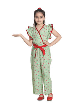 StyleStone - Girls Green Printed Cotton Striped Jumpsuit