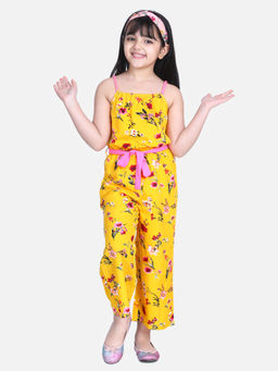 StyleStone - Girls Yellow Floral Jumpsuit with Shoulder Strap and belt