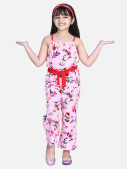 StyleStone - Girls Pink Floral Jumpsuit with Shoulder Strap and belt