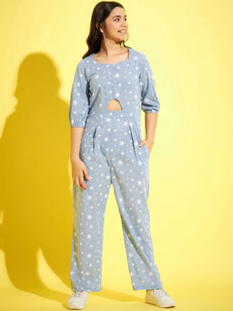 StyleStone - Girls Blue Cotton Star Printed Jumpsuit with Belly Cutout