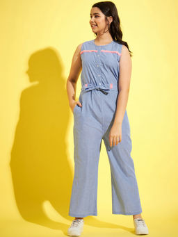 StyleStone - Girls Blue Cotton Jumpsuit with Neon Lace Insert
