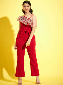 StyleStone - Girls Red One Shoulder Party Jumpsuit with Ruffles