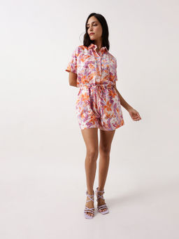 DL WOMAN - Multi-Color Printed Half Sleeves Playsuit with Waist Tie-Up