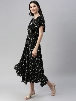 SHOWOFF - Womens Midi Abstract Black Round Neck Fit And Flare Dress