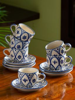 ExclusiveLane - Hand-Painted Studio Pottery Tea Cups With Saucers Ceramic (Set Of 6 Microwave Safe)
