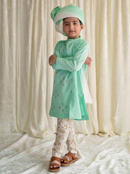 TIBER TABER - Boys Nawab Kurta Pyjama Cotton Embroidered - Green (Set of 2)