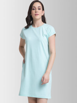 FableStreet - Cotton Round Neck Knitted Shift Dress - Blue