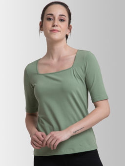 FABLE STREET - Cotton Square Neck Knitted T Shirt - Sap Green