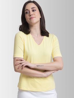 FableStreet - Cotton V Neck Knitted T Shirt - Yellow