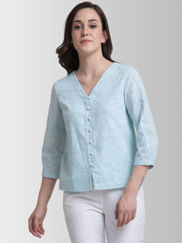 FABLE STREET - Cotton V Neck Faux Placket Top - Blue
