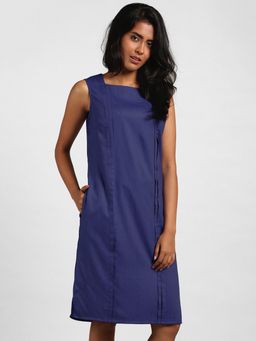 FableStreet - Rectangular Neck Wide Pintuck Pleat Shift Dress - Moody Blue