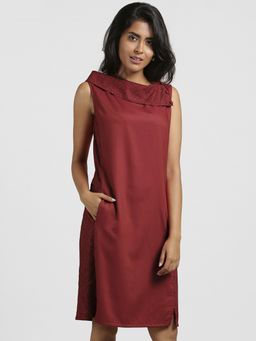 FableStreet - Block Print Accents Asymmetric Cowl Neck Shift Dress - Raspberry Pink