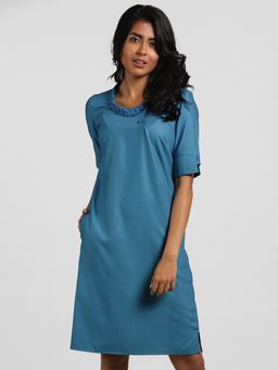 FableStreet - Side Button Asymmetric Collar Block Print Shift Dress - Malibu Blue