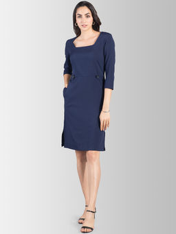 FableStreet - Square Neck Above Knee Side Slit Dress