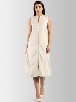 FableStreet - Open Round Neck Buttoned A Line Midi Dress