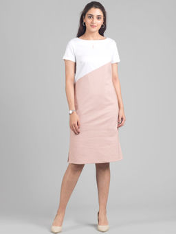 FableStreet - Pink And White Color Block Linen Shift Dress