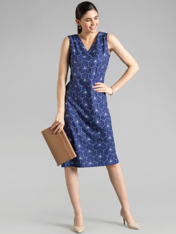 FableStreet - Navy Blue Geometric Print Shift Dress